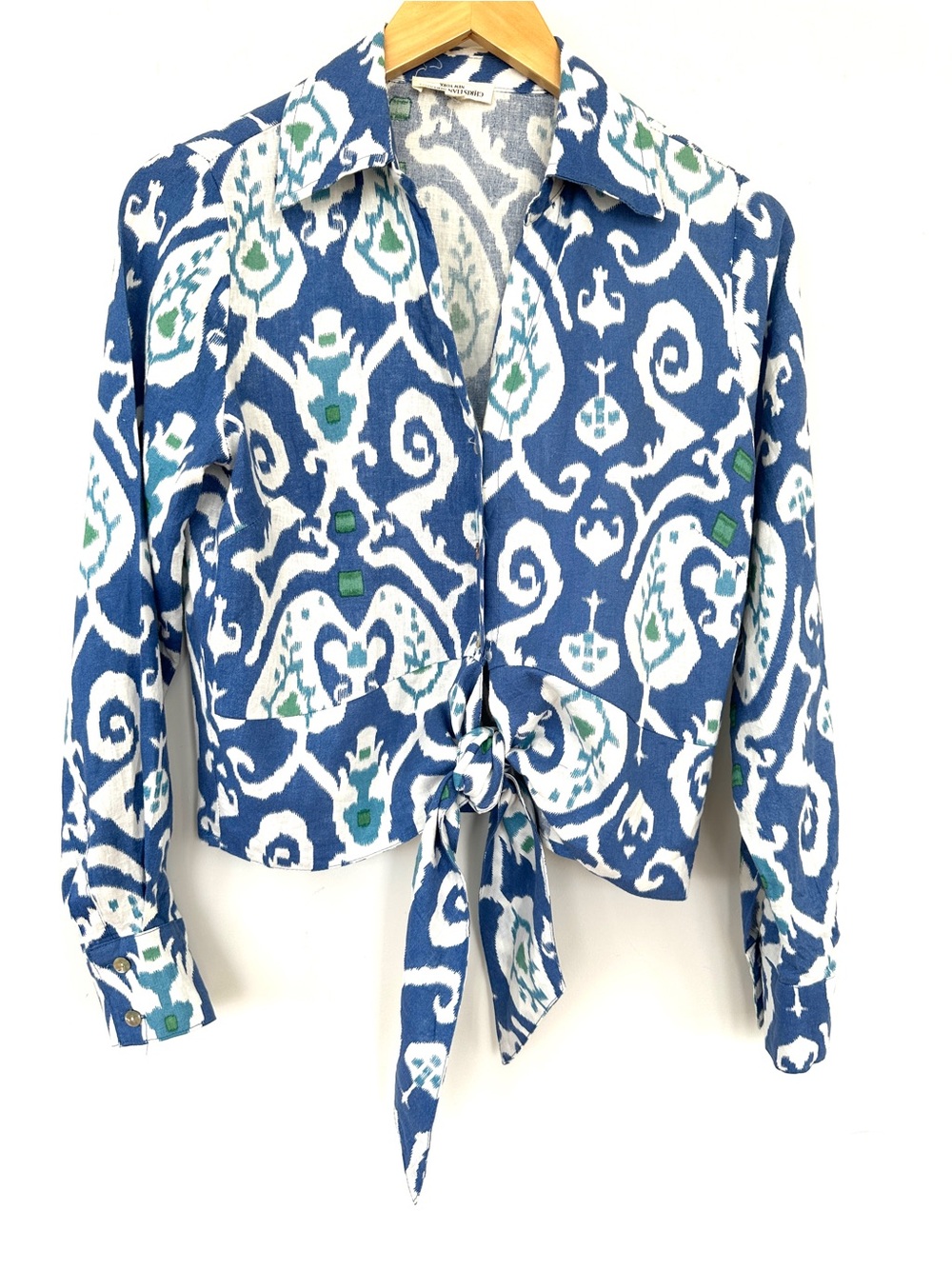 Christian Siriano Blue Ikat Long Sleeve Top With Tie at Waist, Linen Blend